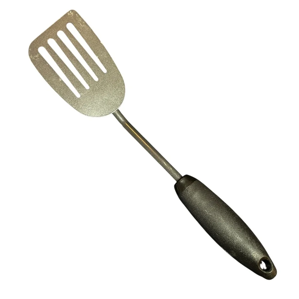 VTG Slotted Spatula Turner Black Ergonomic Handle Long Angled USA Unmarked 14